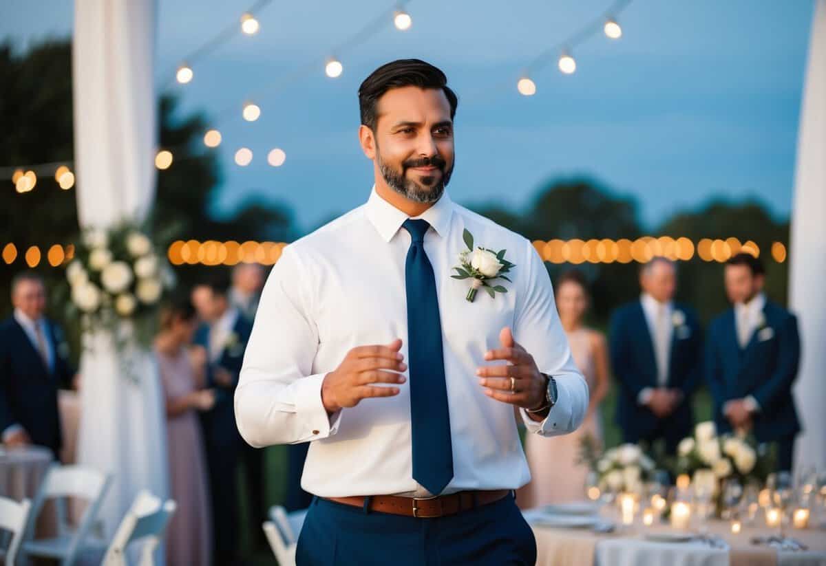 The groom is in charge of overseeing the wedding reception setup, directing vendors, and ensuring everything runs smoothly