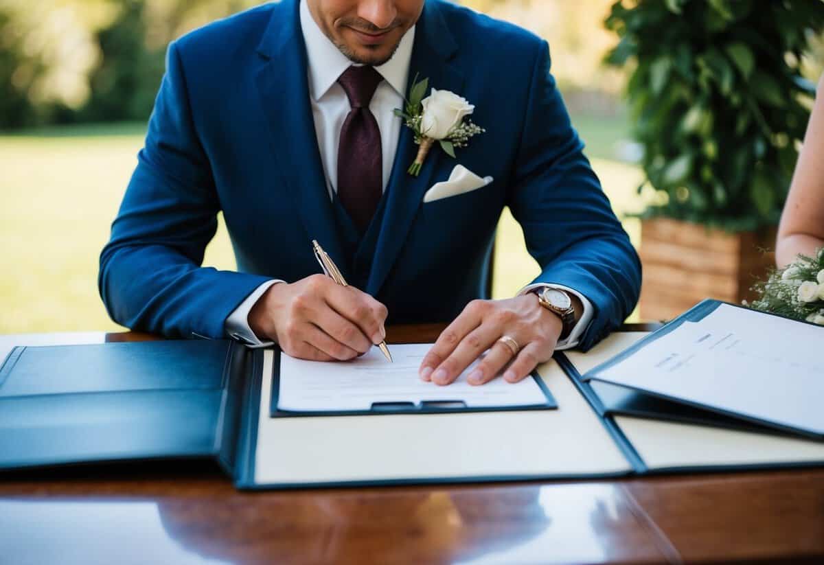 The groom signing legal documents at a ceremony table