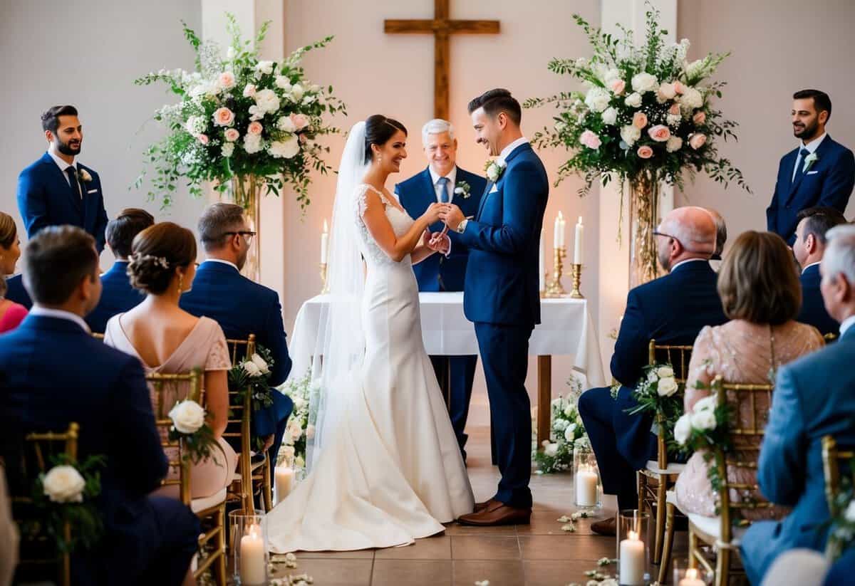 A bride and groom exchanging rings at an altar, surrounded by flowers and candles, with guests seated in rows facing the couple