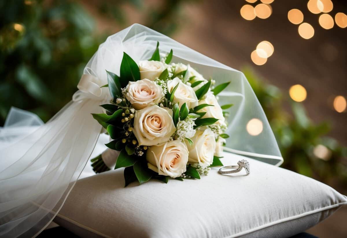 A bridal bouquet, a veil, and a wedding ring on a cushion
