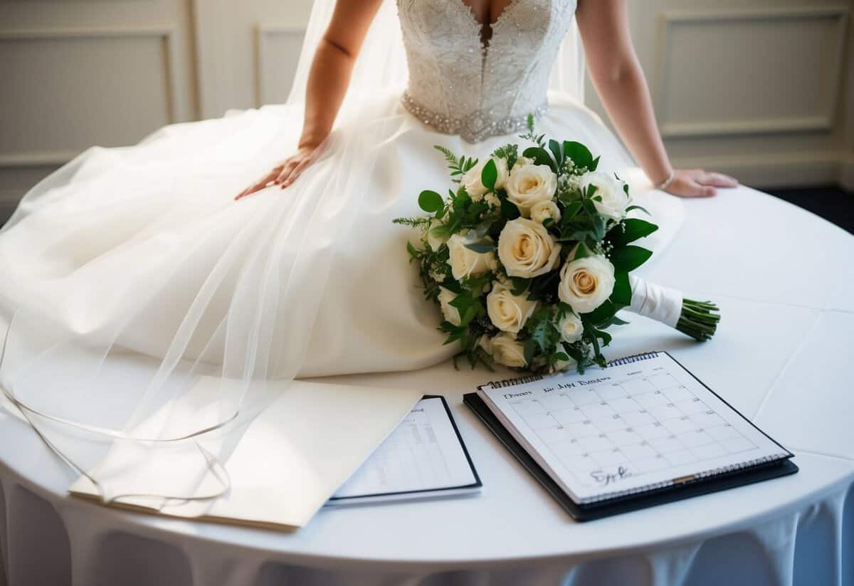 A bride's gown, veil, and bouquet arranged on a table with a wedding planner and calendar