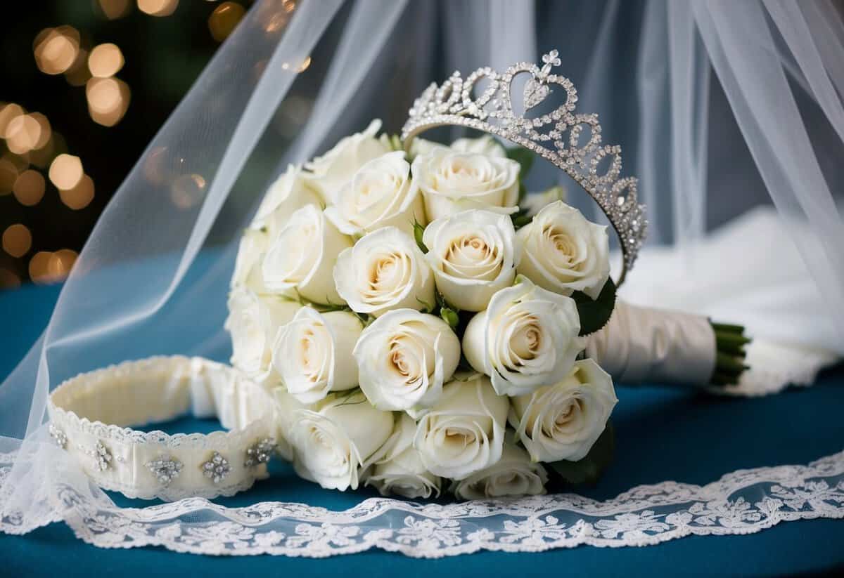 A bride's bouquet of white roses, a delicate lace garter, and a sparkling tiara on a lace-trimmed veil