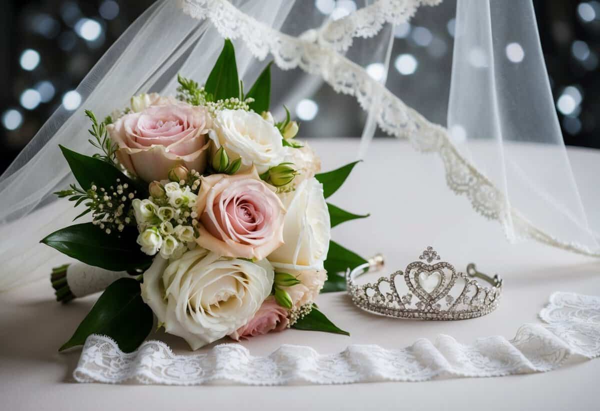 A bridal bouquet, a delicate lace garter, and a sparkling tiara on a lace-trimmed veil