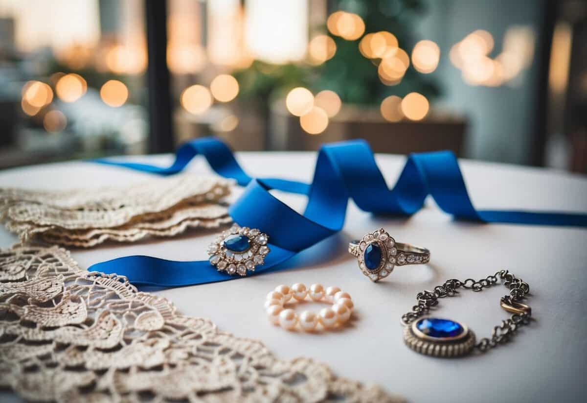 A table displays old lace, new jewelry, borrowed pearls, and blue ribbon