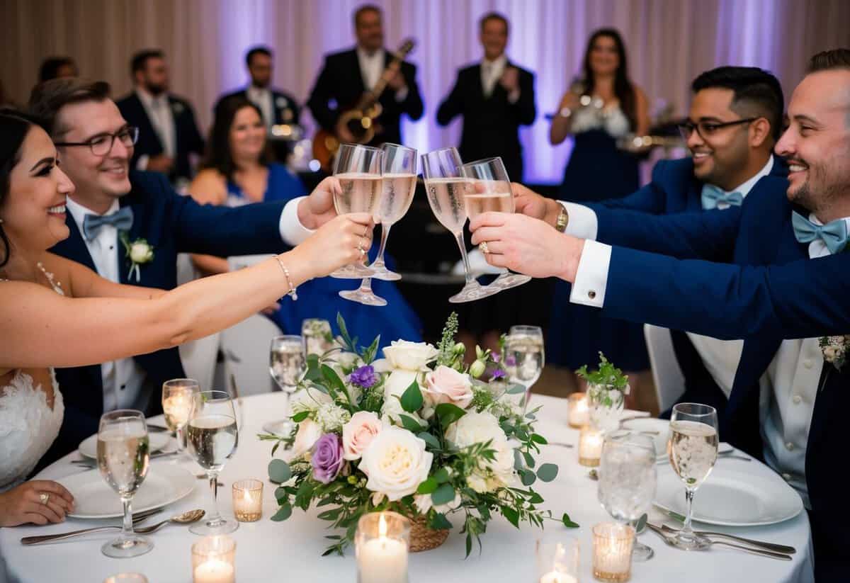 Guests raise glasses in a toast as the newlyweds share their first dance. Tables are adorned with flowers and candles, while a band plays in the background