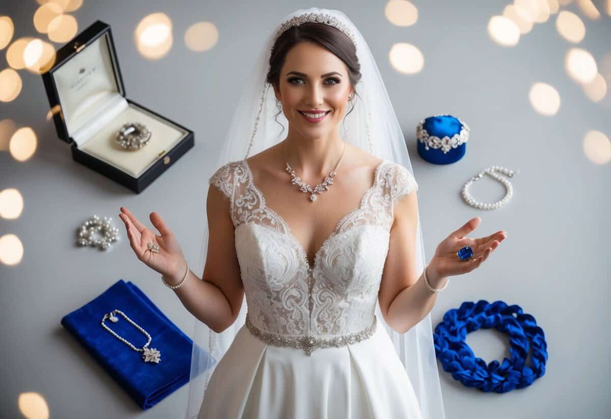 A bride stands surrounded by symbolic items: an old family heirloom, a new piece of jewelry, a borrowed item from a friend, and a blue accessory