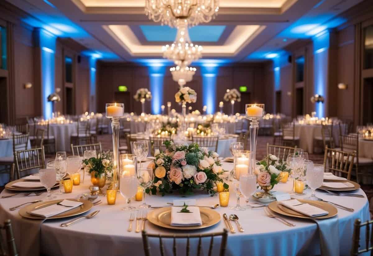 A beautifully decorated reception hall with a grand table set for a wedding feast, surrounded by flowers, candles, and elegant place settings