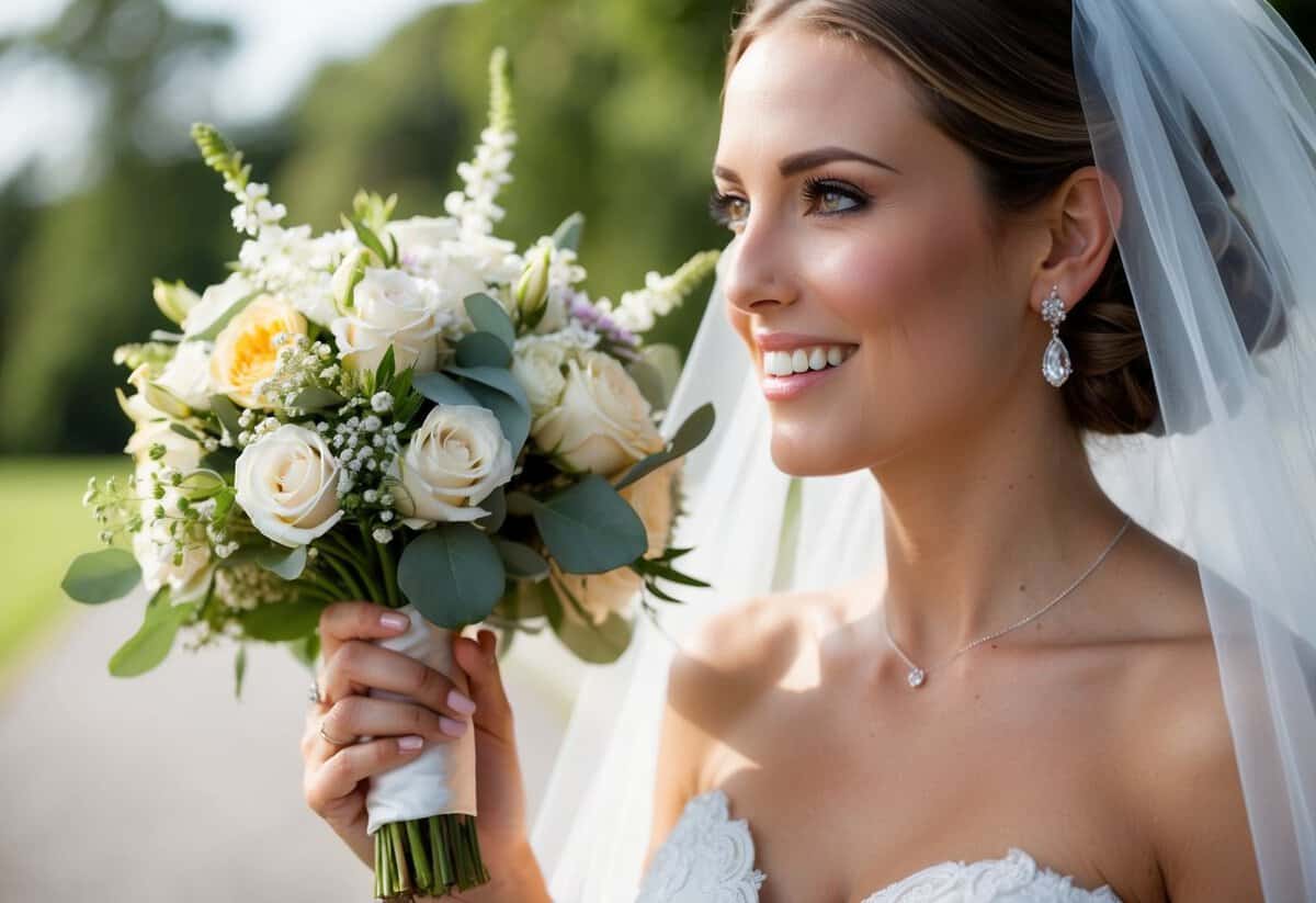 A bride with a bouquet, veil, ring, and white dress at her wedding