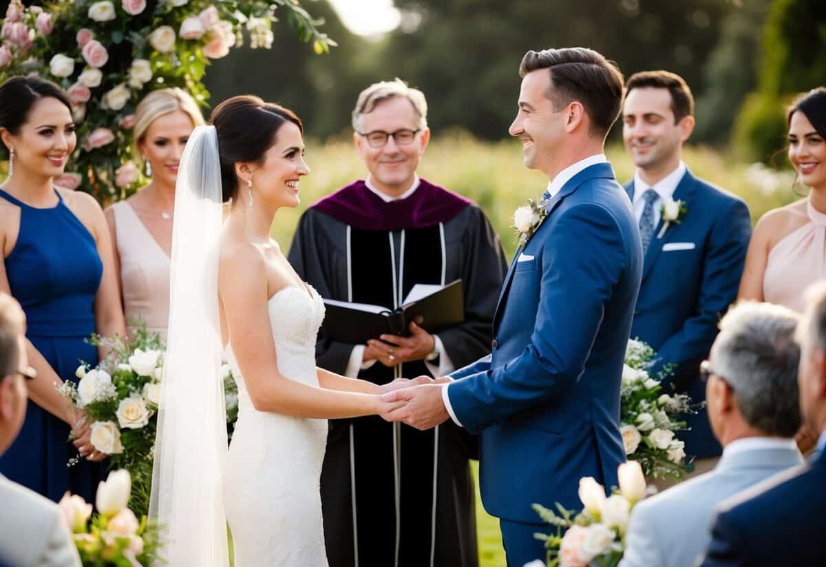 A bride and groom standing before an officiant, surrounded by flowers and guests