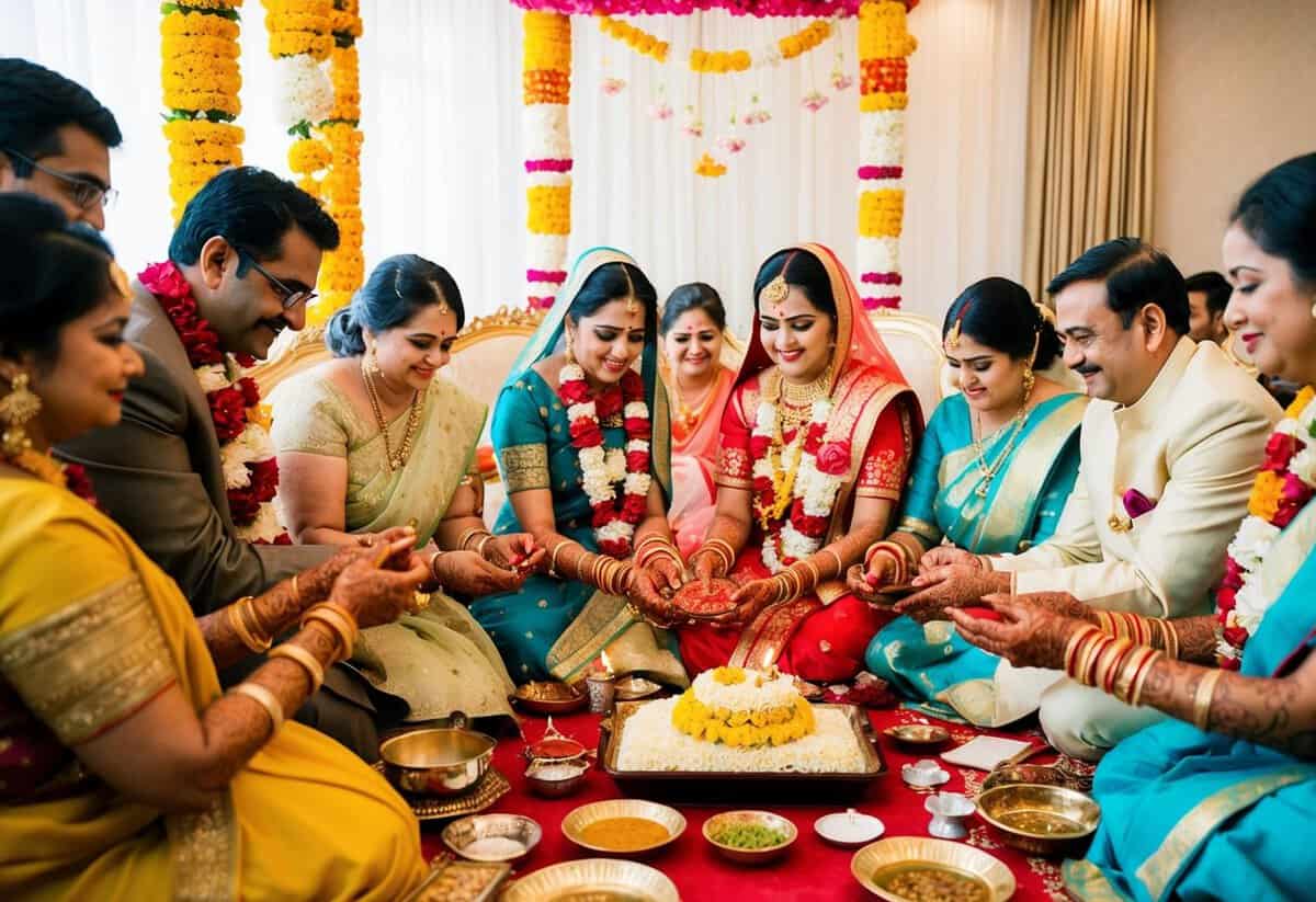 Family members gather to perform pre-wedding rituals, applying henna, exchanging gifts, and blessing the couple. Flowers and traditional decorations adorn the space