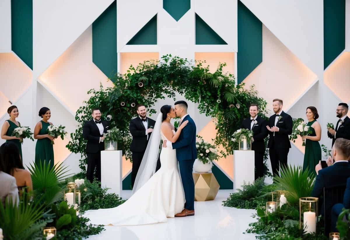 A trendy wedding with modern decor, geometric shapes, and lush greenery