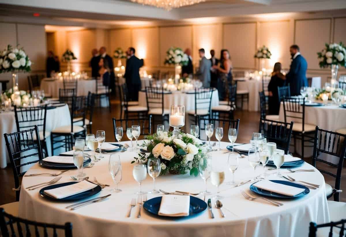 A wedding reception with multiple tables set for guests, adorned with elegant centerpieces and place settings