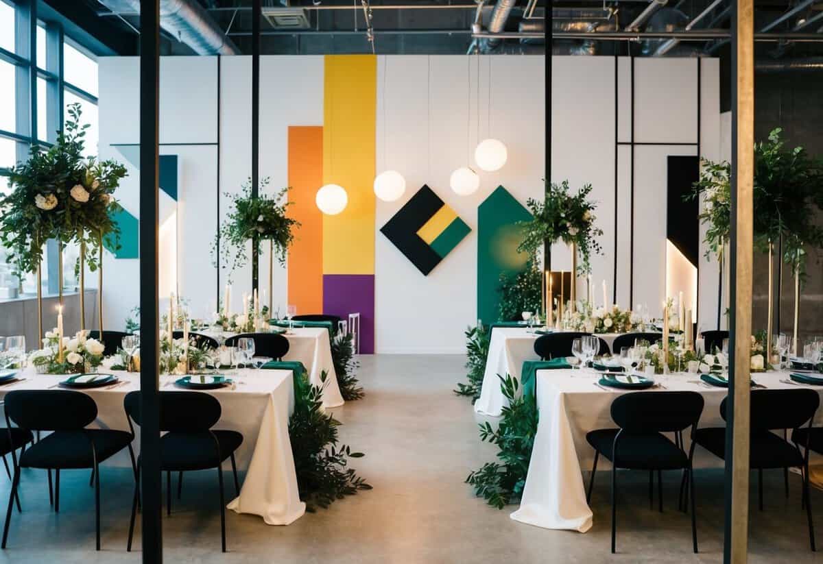 A modern trendy wedding: sleek, minimalist decor with pops of vibrant color, geometric shapes, and metallic accents. A mix of industrial and natural elements, with plenty of greenery and unique lighting