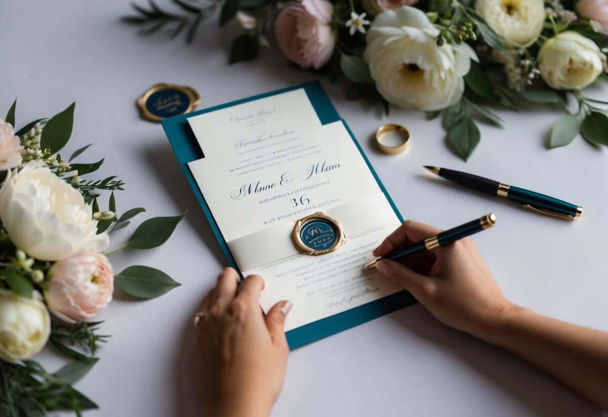 A wedding invitation being opened with a decorative seal and elegant paper, surrounded by floral decorations and a pen ready to write