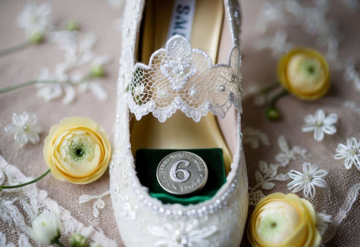 A bride's shoe with a sixpence tucked inside, surrounded by delicate lace and floral details