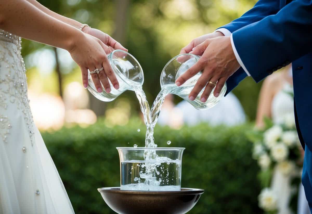 A bride and groom pour water from separate vessels into a single container, symbolizing the merging of their lives in a unity ritual at a wedding