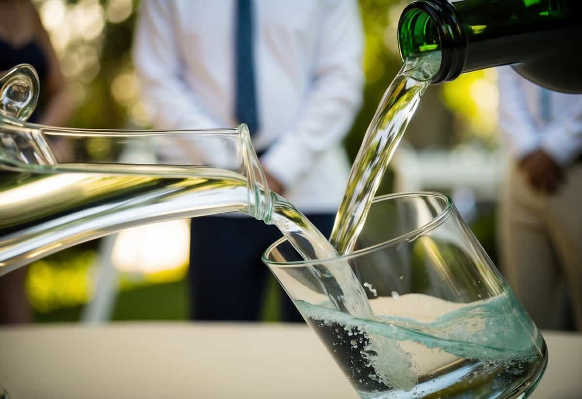 A glass vessel pouring water into another, symbolizing the unity and blending of two lives in a wedding ceremony