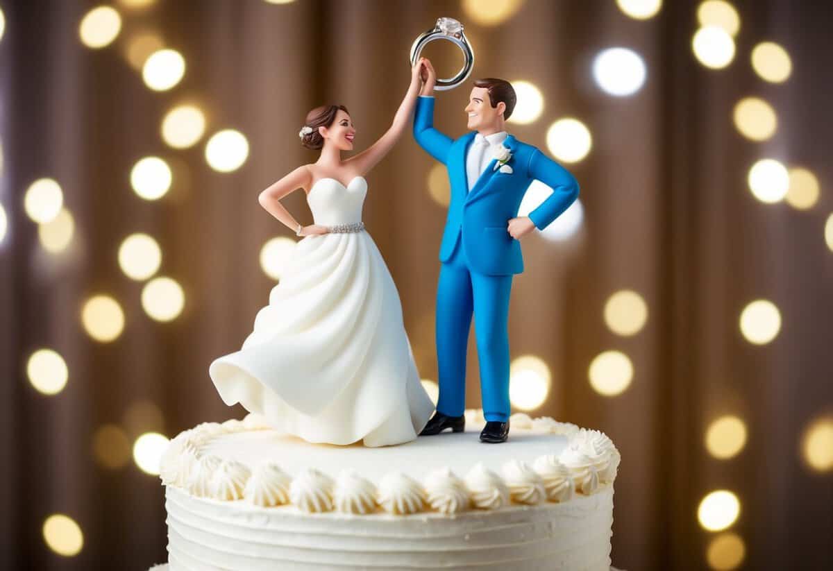 A bride and groom dancing on a cake with a comically oversized wedding ring