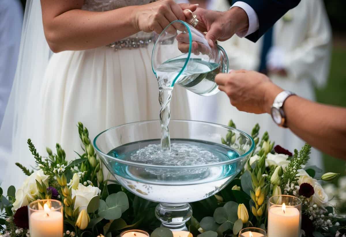 A glass vessel pouring water into a larger basin, surrounded by flowers and candles, as part of a wedding ceremony