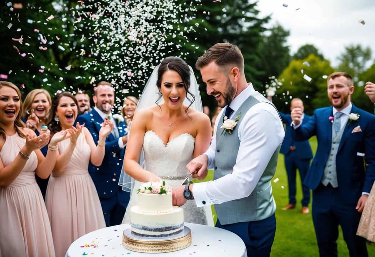 A bride and groom cutting a cake together, while guests cheer and throw confetti