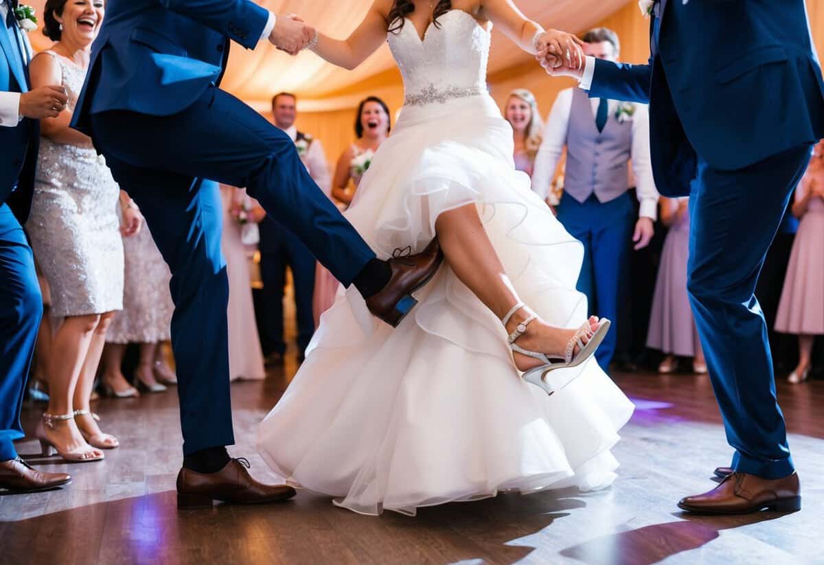 A bride and groom accidentally stepping on each other's feet during the first dance, causing laughter among the guests