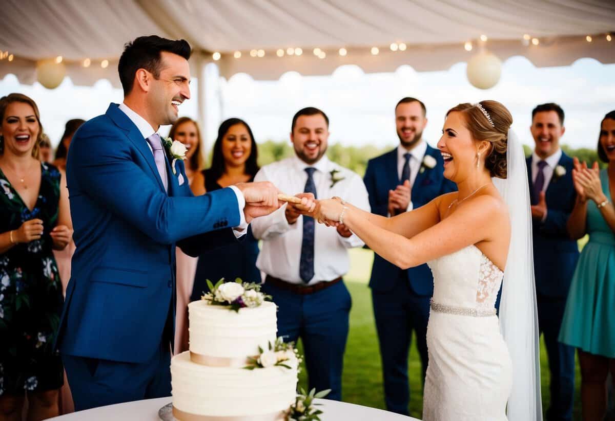 A bride and groom playing a game of tug-of-war with the wedding cake while guests cheer and laugh