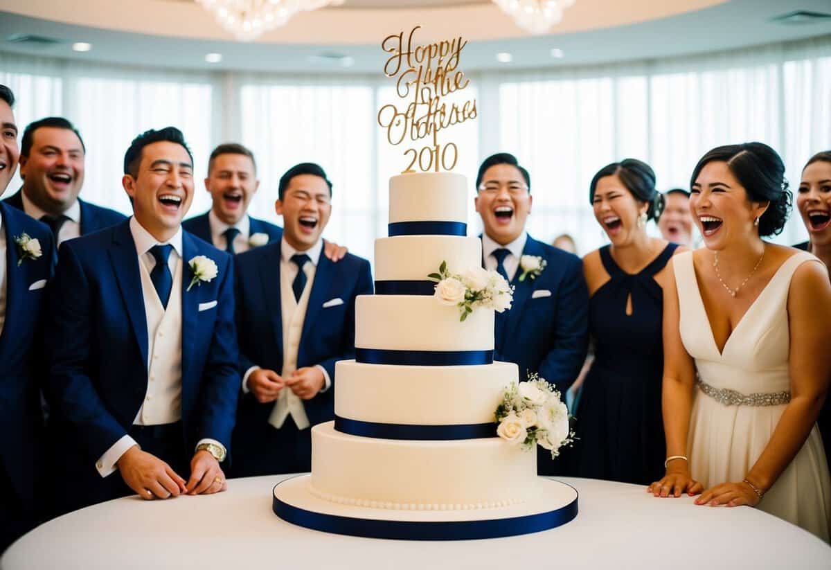 A wedding cake with a comically oversized topper, surrounded by laughing guests in formal attire