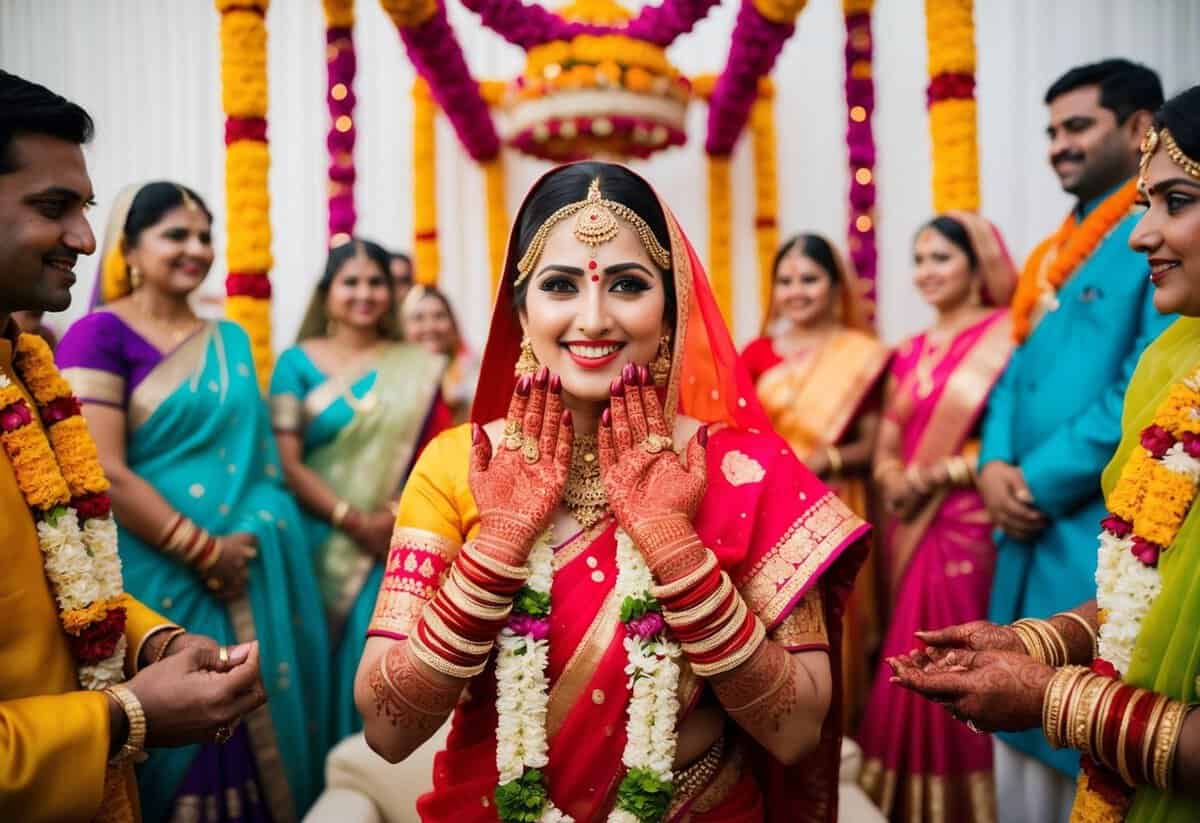 A colorful Indian wedding with intricate henna designs, vibrant saris, and ornate decorations