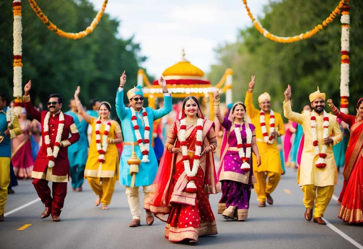 A colorful Indian wedding procession with music, dancing, and ornate decorations