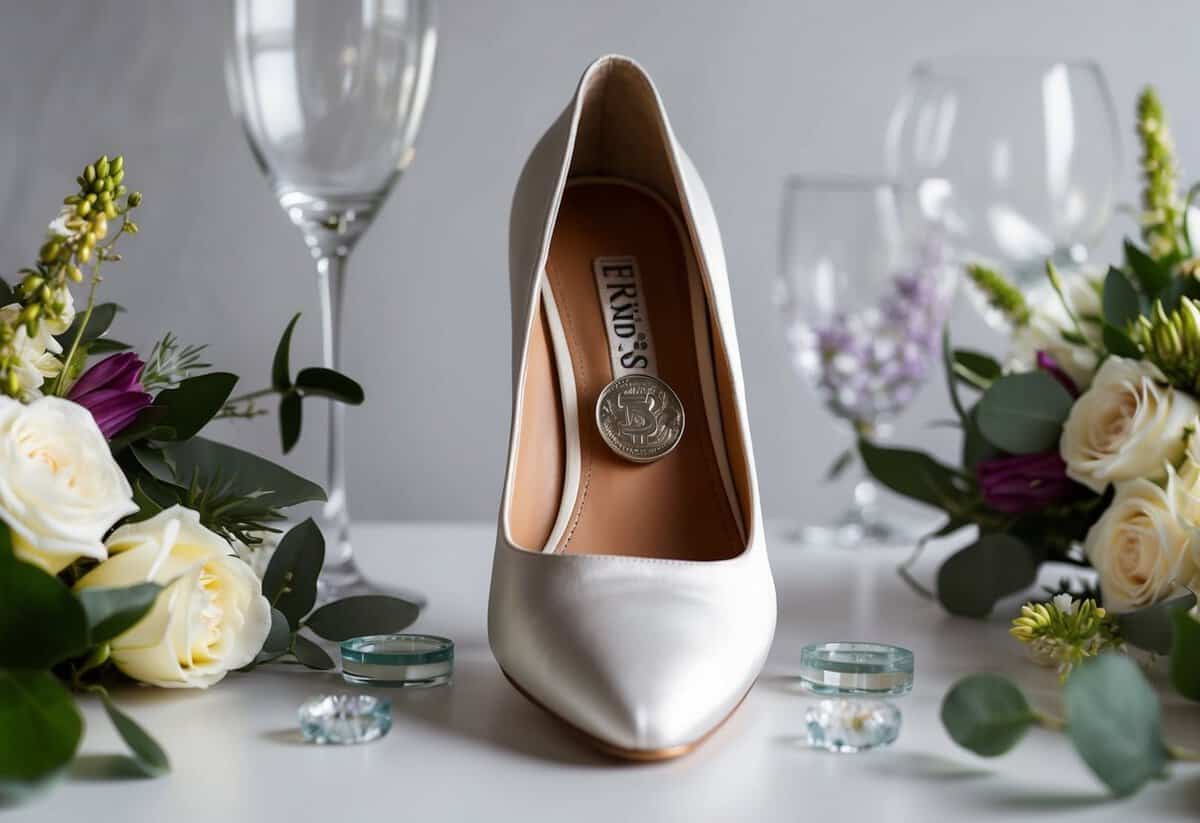 A bride's shoe with a visible sixpence tucked inside, surrounded by modern wedding decor and floral arrangements