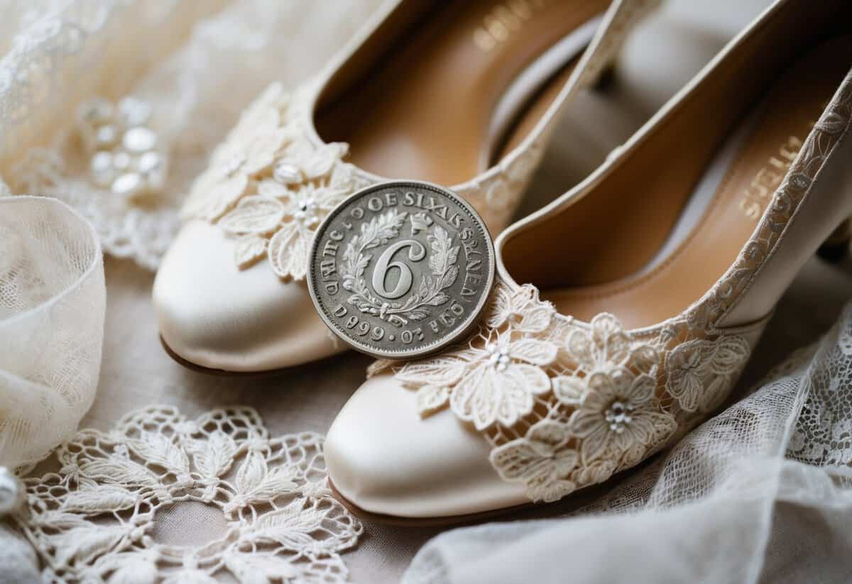 A vintage sixpence nestled among delicate lace and satin bridal shoes