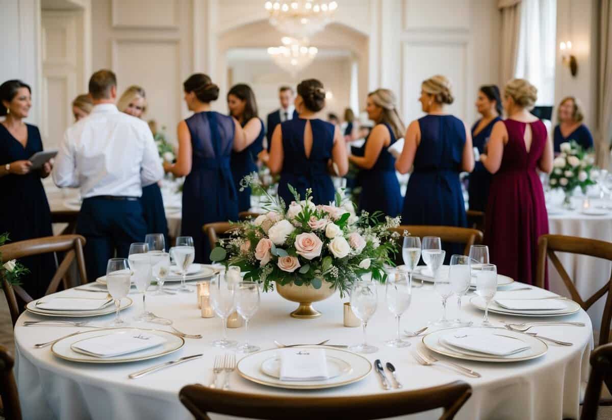 A table set with elegant place settings and floral centerpieces, surrounded by bustling wedding planners and coordinators