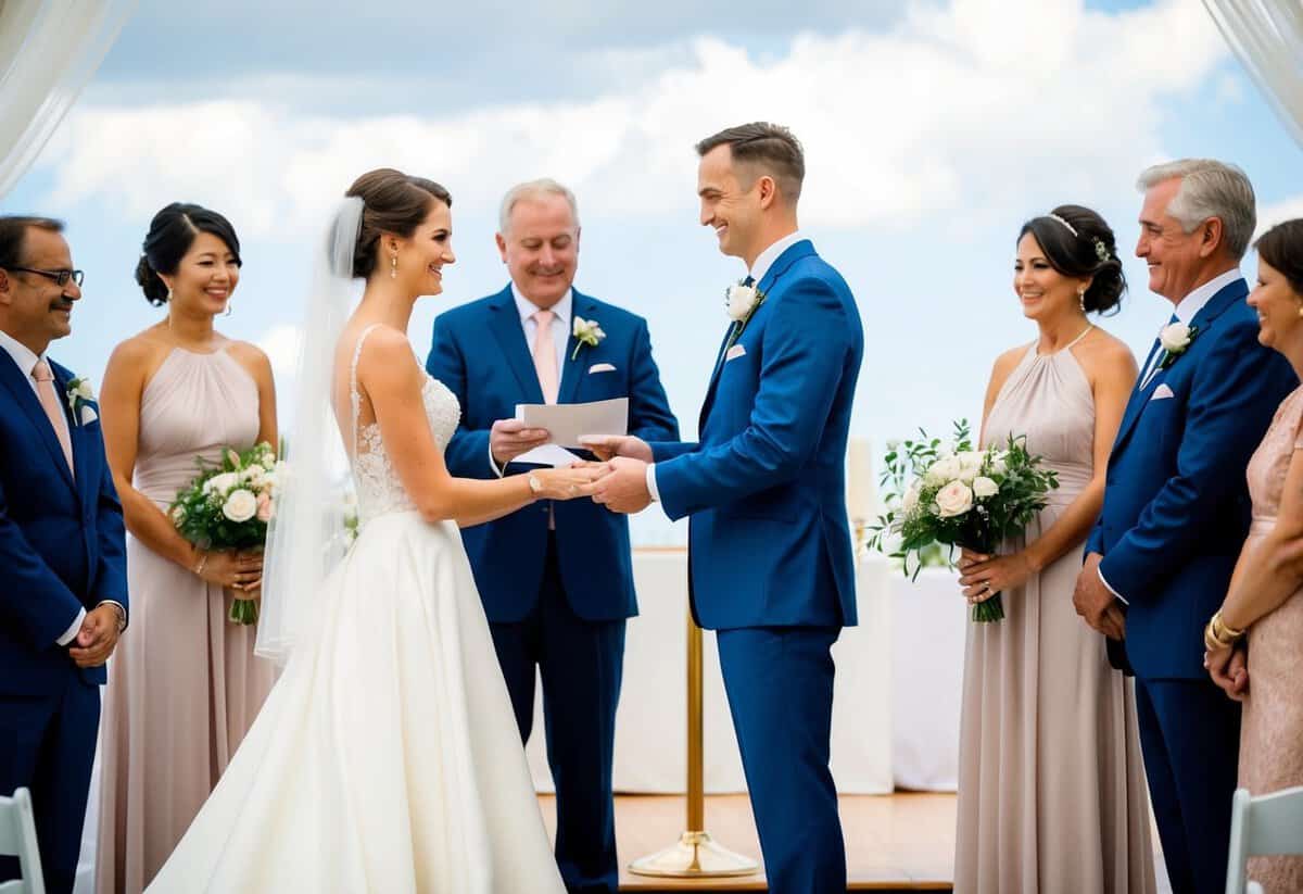 A bride and groom standing at the altar, surrounded by their families. The groom's parents presenting a check to the bride's parents