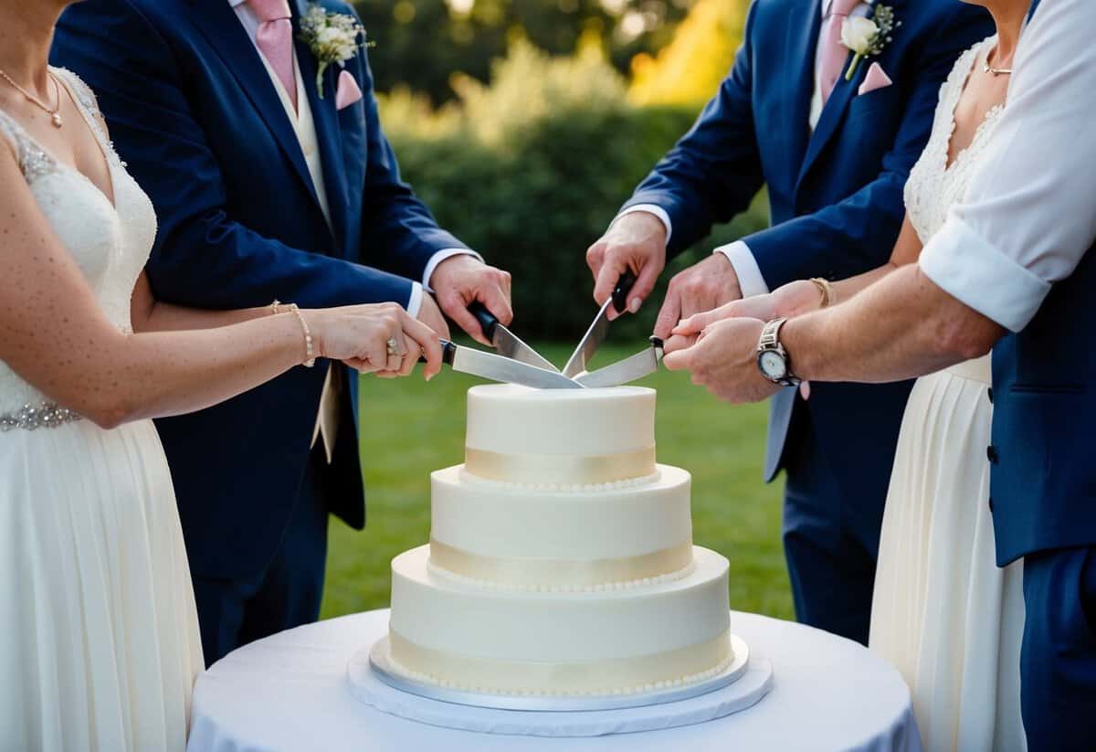A wedding cake being cut with the bride and groom's families standing on either side, symbolizing the traditional sharing of expenses in the UK
