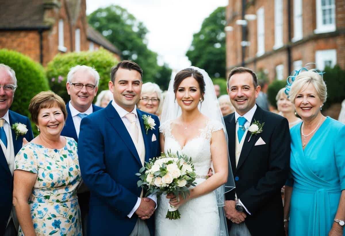 A bride and groom standing together, surrounded by family members and friends. The bride's family traditionally pays for the wedding in the UK