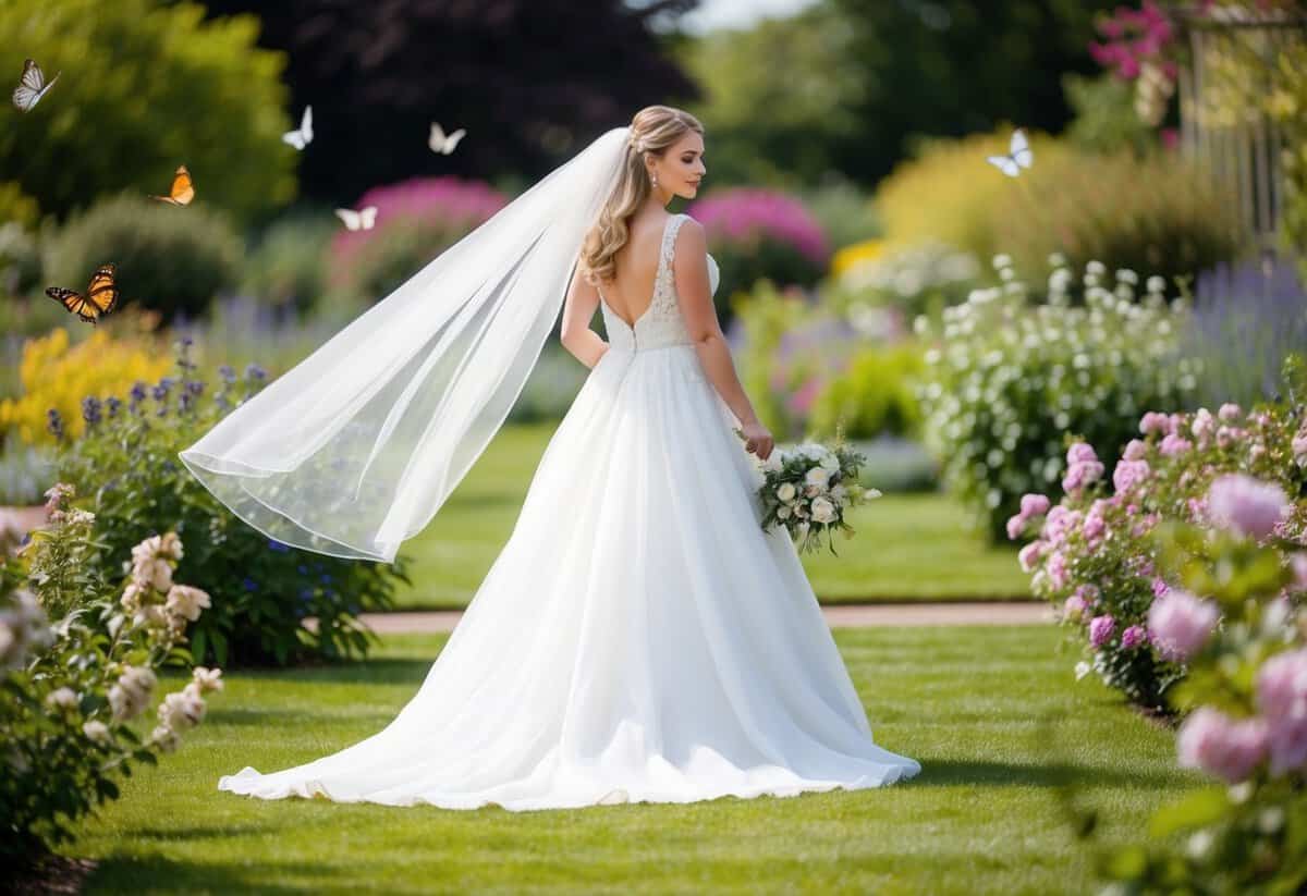 A bride in a flowing white gown stands in a garden, her veil billowing in the breeze, surrounded by blooming flowers and fluttering butterflies