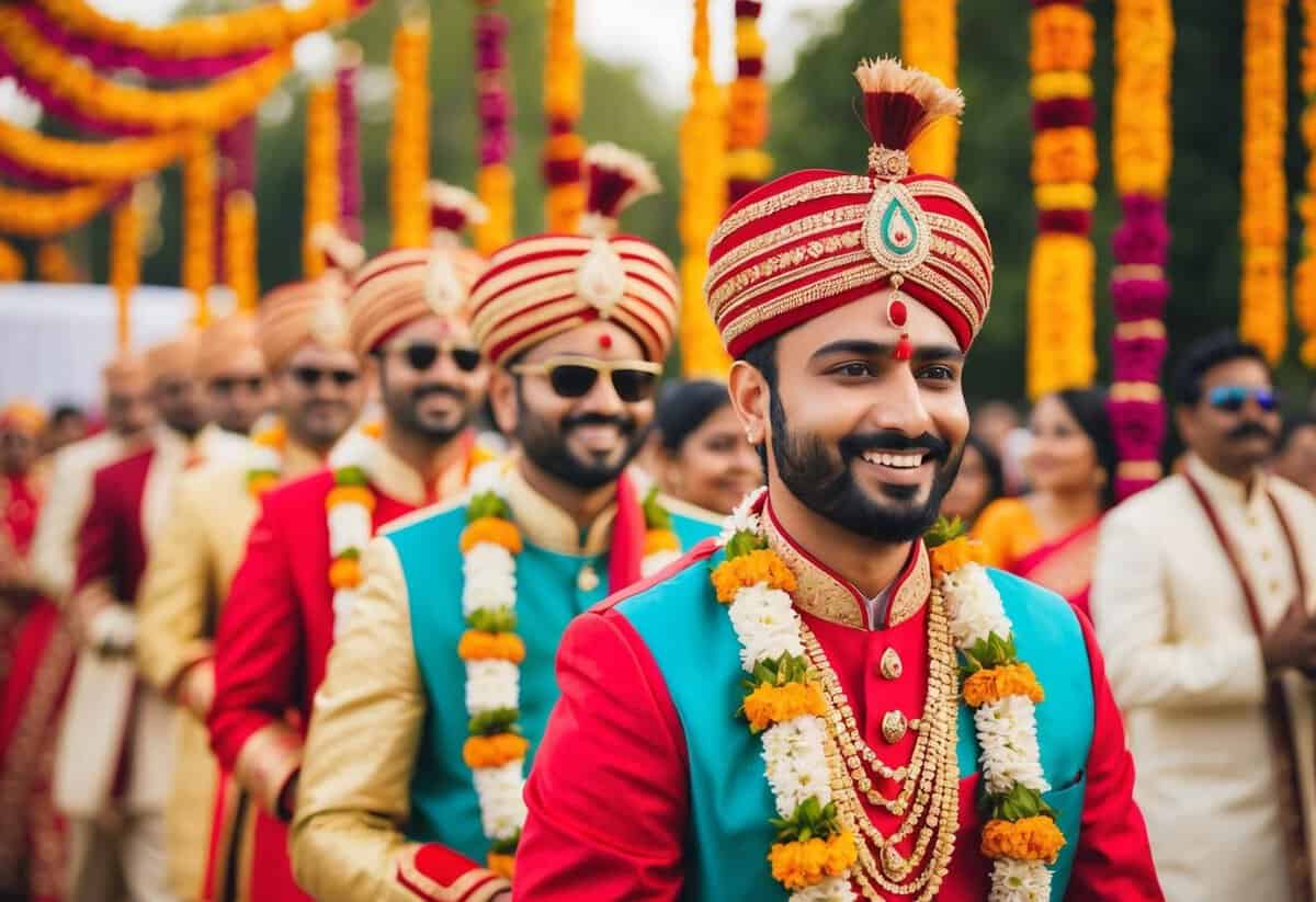 A vibrant Indian wedding procession with colorful decorations and traditional music