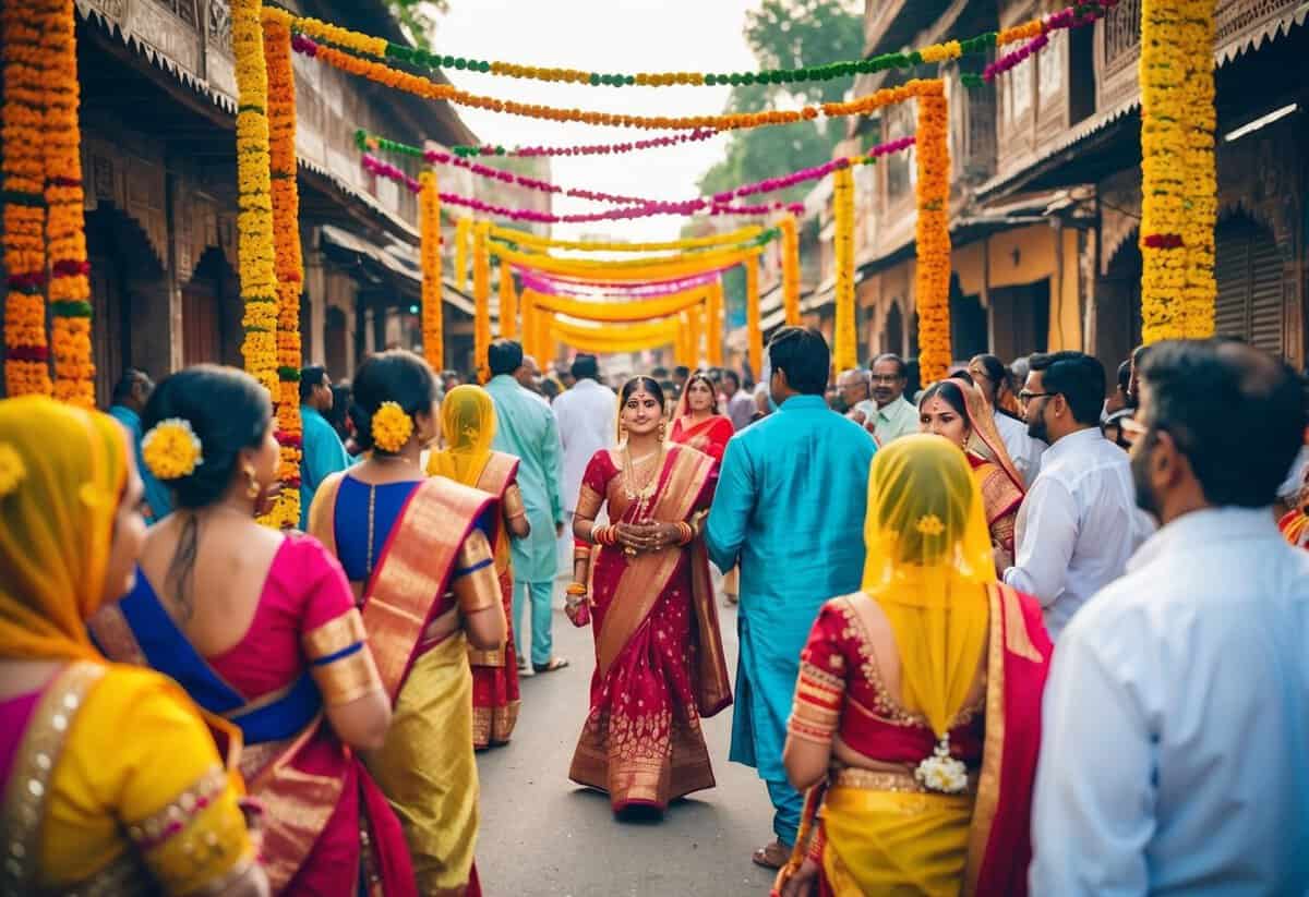 Vibrant colors and intricate decorations fill the bustling streets as people prepare for a 7-day wedding celebration in an Indian village