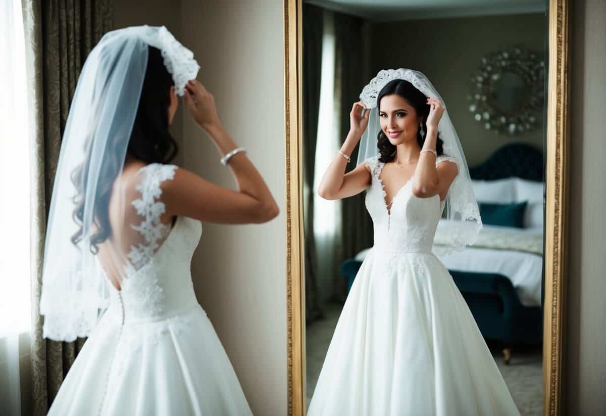 A bride in a flowing white gown, standing in front of a mirror, adjusting a delicate lace veil over her head
