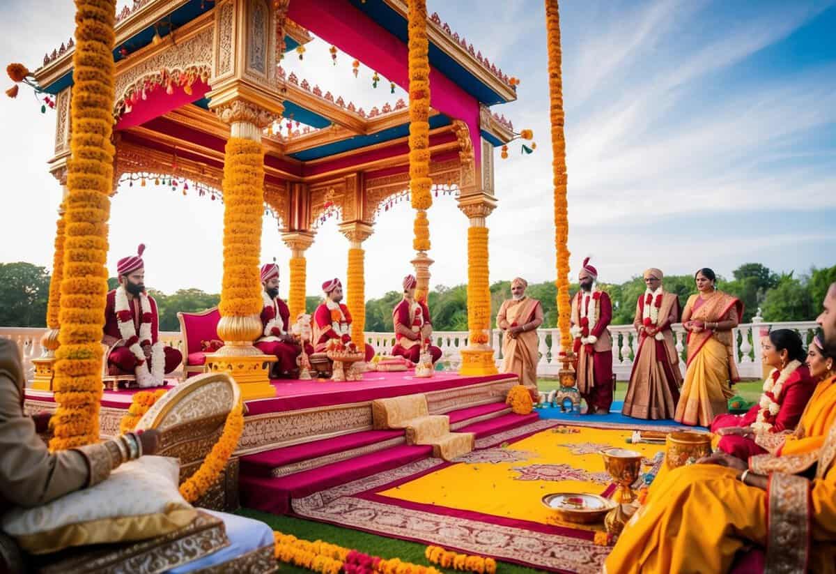 A colorful and vibrant outdoor setting with elaborate decorations and traditional rituals taking place, symbolizing a seven-day wedding ceremony in Indian culture