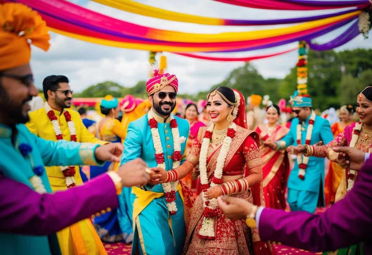 A vibrant and colorful scene of a post-wedding celebration in a culture that traditionally observes a 7-day wedding ceremony, with dancing, music, and feasting