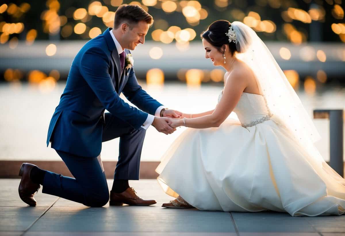 The bride kneels before the groom, touching his feet in a gesture of respect and devotion