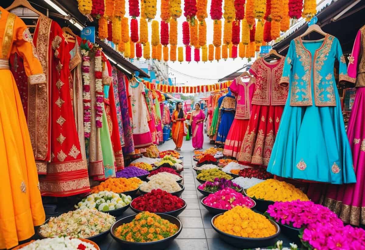 A colorful and lively marketplace with vendors selling traditional wedding attire, flowers, and decorations for a week-long celebration