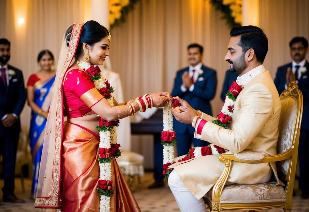 The bride presents a garland to the groom, who sits on a decorated chair. She gracefully touches his feet as a sign of respect and humility