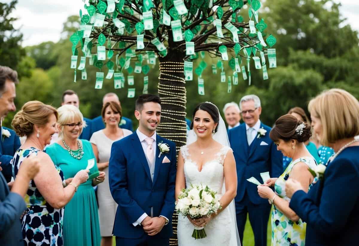 A bride and groom stand beneath a decorative money tree, surrounded by guests pinning cash to their attire