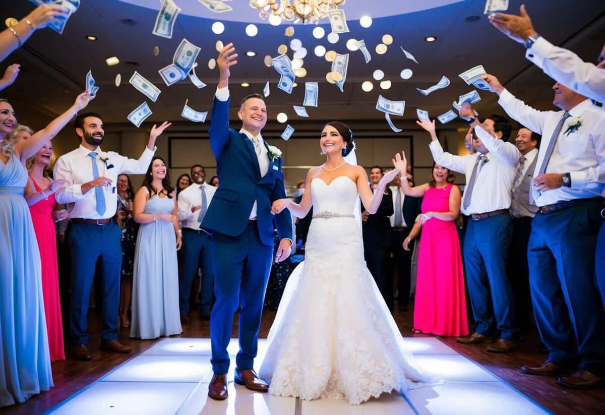 A bride and groom stand on a dance floor surrounded by guests tossing bills and coins into the air, symbolizing prosperity and good fortune