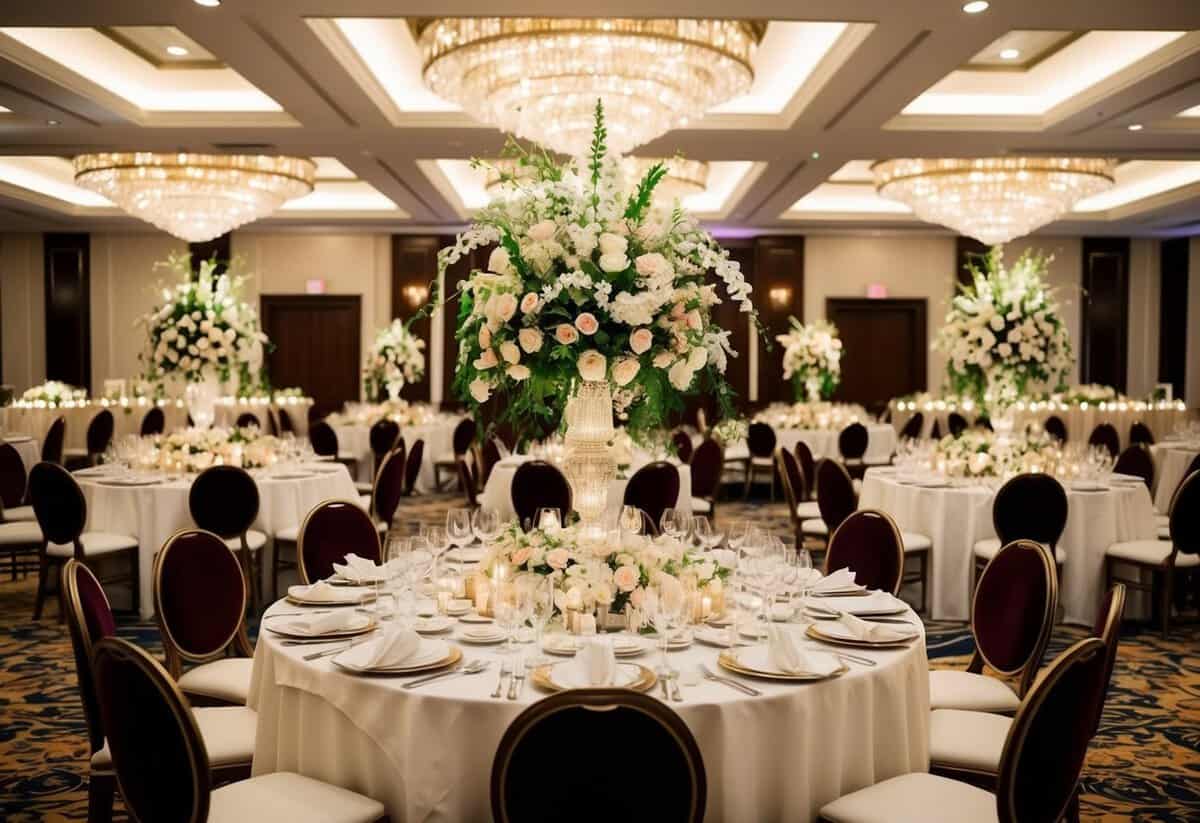 A grand wedding banquet with opulent decorations and lavish floral arrangements, reflecting the extravagant spending of a wealthy culture
