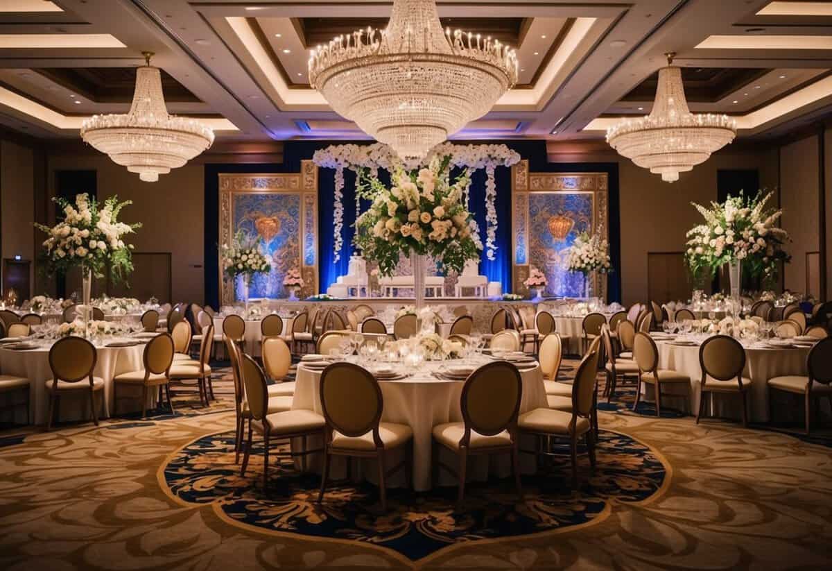 A grand wedding banquet with ornate decorations and lavish displays of cultural traditions