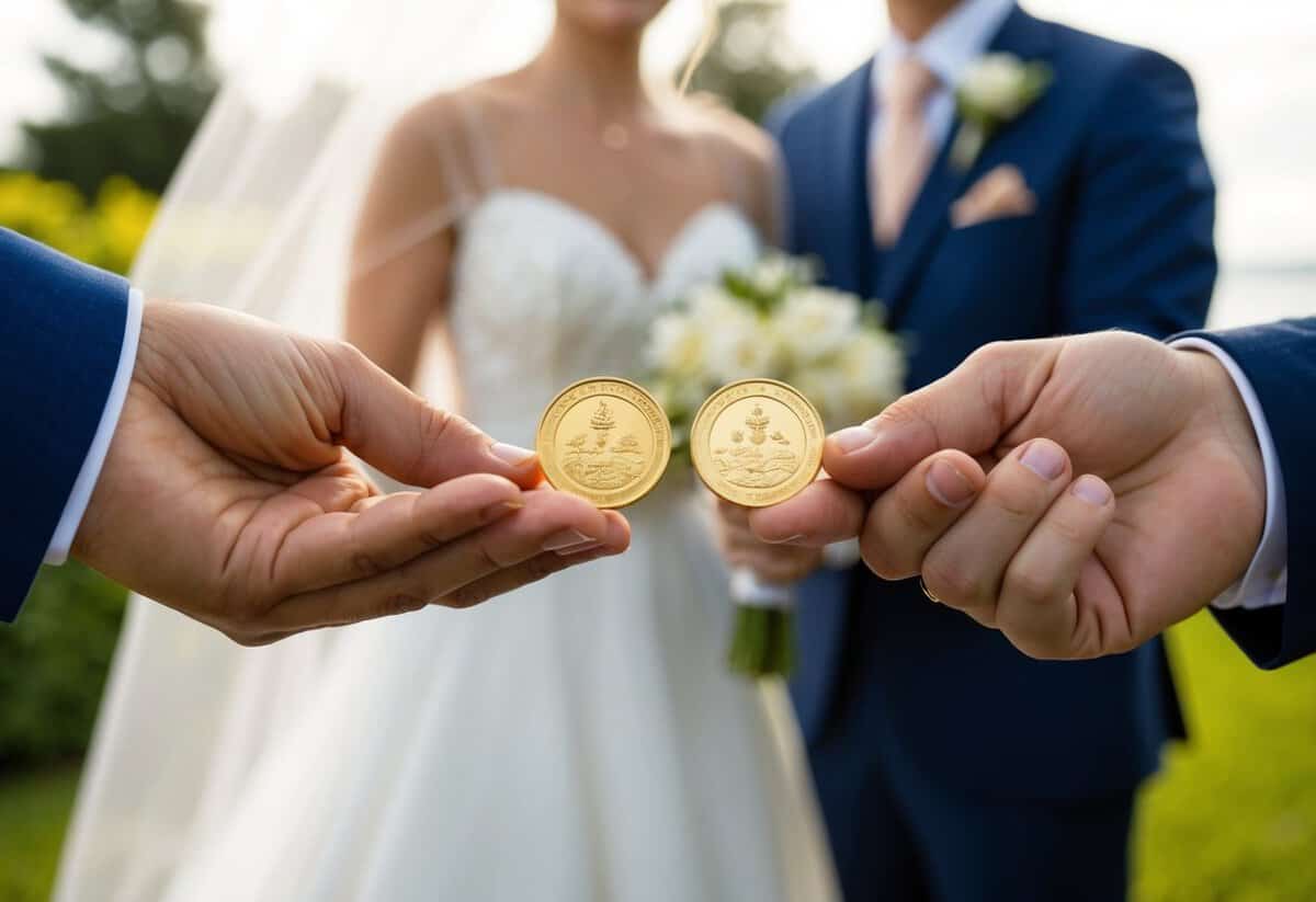 A pair of gold coins being exchanged between the newlyweds, symbolizing prosperity and good fortune