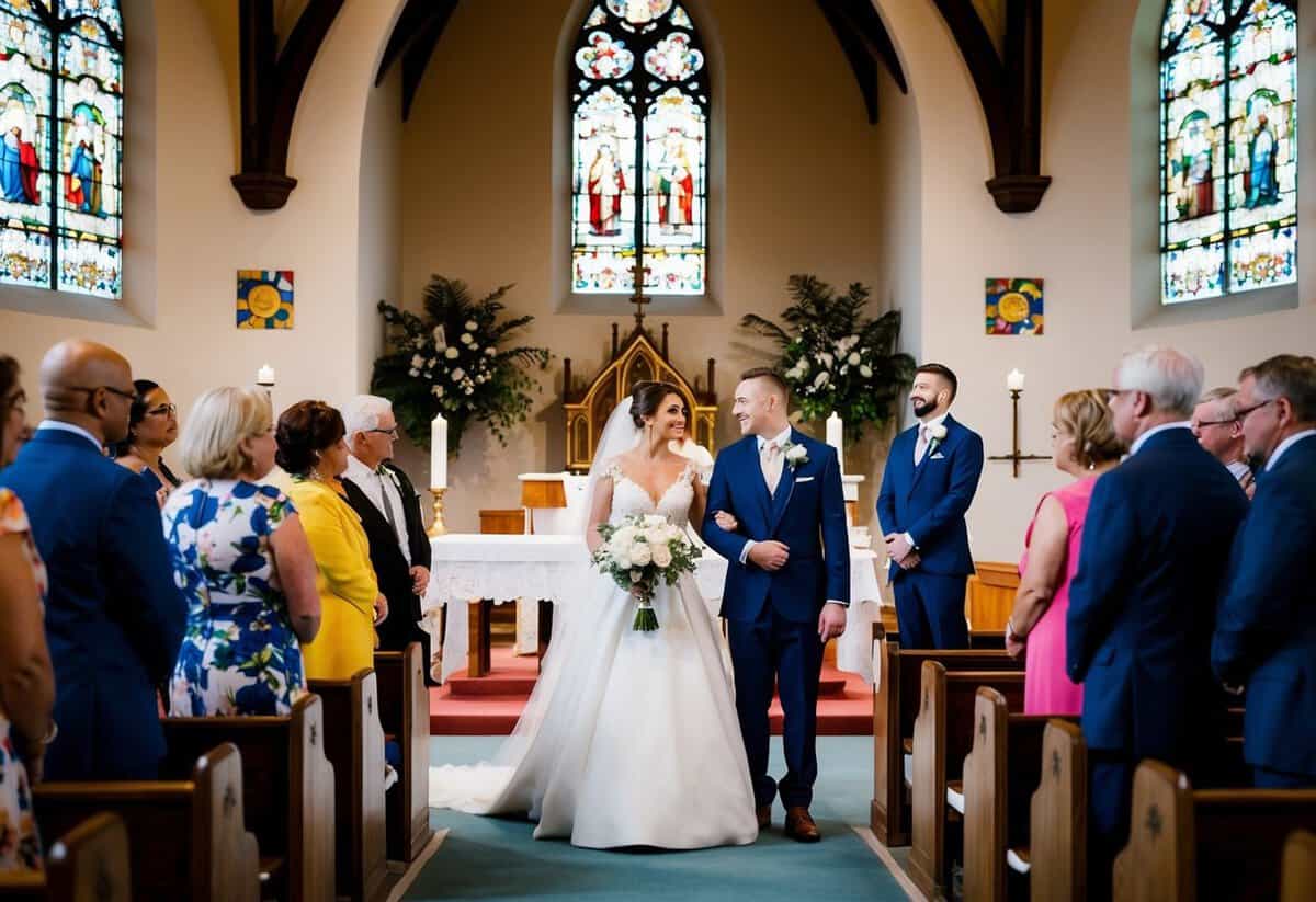 A bride and groom stand at the altar while guests watch in a decorated church with stained glass windows